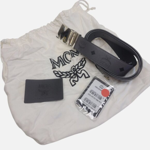 MCM Black Leather Reversible Belt with Silver Logo Buckle New w/ Dustbag Tags - Picture 1 of 11